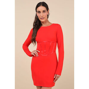 Lulus Confident Queen Red Long Sleeve Corset Bodycon Mini Dress - Size M